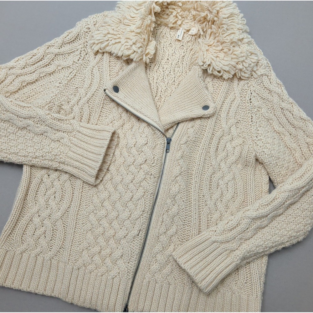 Anthropologie Moth Sz Pet L Cable Knit Fringed Moto Zip Jacket Sweater Cream